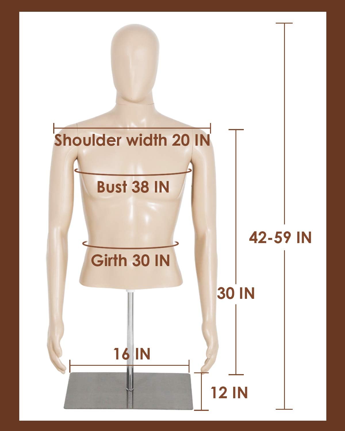 Maniquí Masculino Ajustable 42-59 Base Metal - Modelo Torso