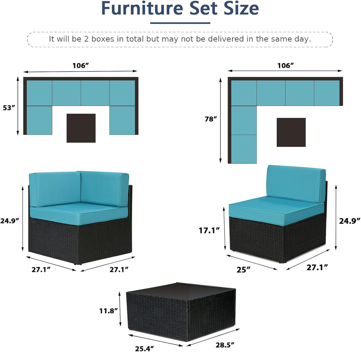U-MAX Juego de muebles de patio de 7 piezas, juego de sofá de mimbre de ratán de polietileno negro para todo tipo de clima, juego de conversación de muebles seccionales con fundas de cojín azules y mesa auxiliar para porche, jardín, piscina