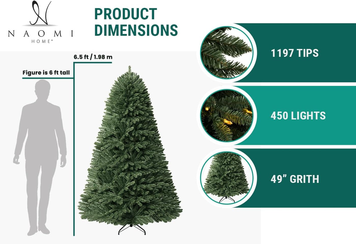 Árbol de Navidad Naomi Home 6.5ft, 450 luces, 1197 puntas