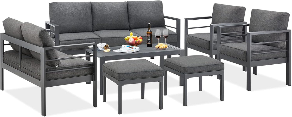 AECOJOY Muebles de patio modernos de aluminio con mesa auxiliar, juego de 7 piezas para conversación al aire libre con cojines gris oscuro para balcón, porche, césped y más