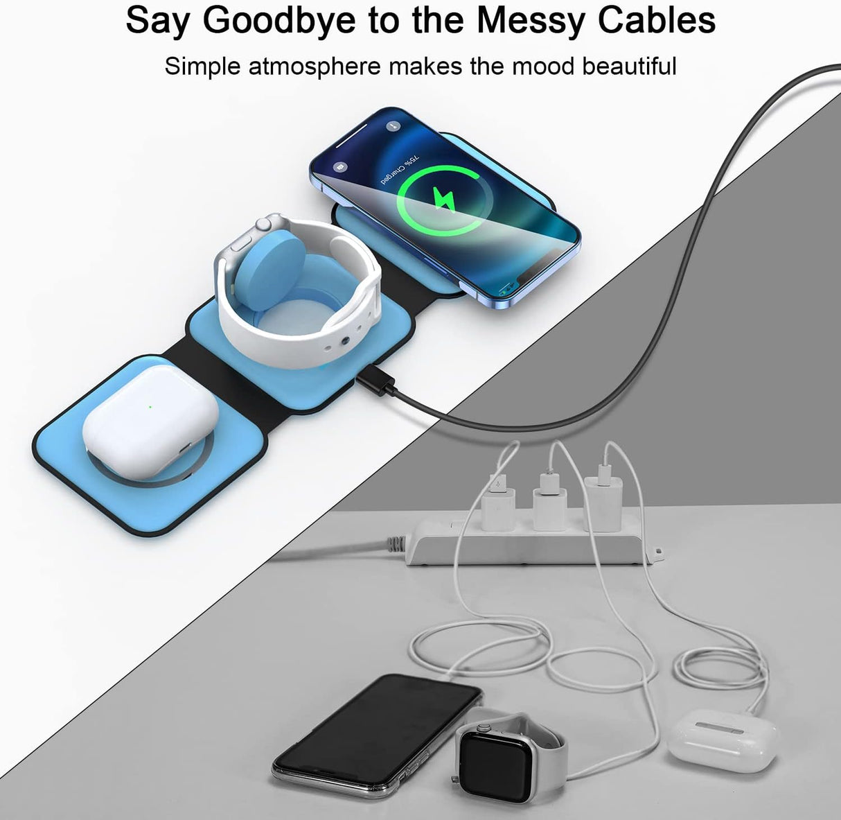 Cargador inalámbrico 3 en 1 magnética de viaje color azul