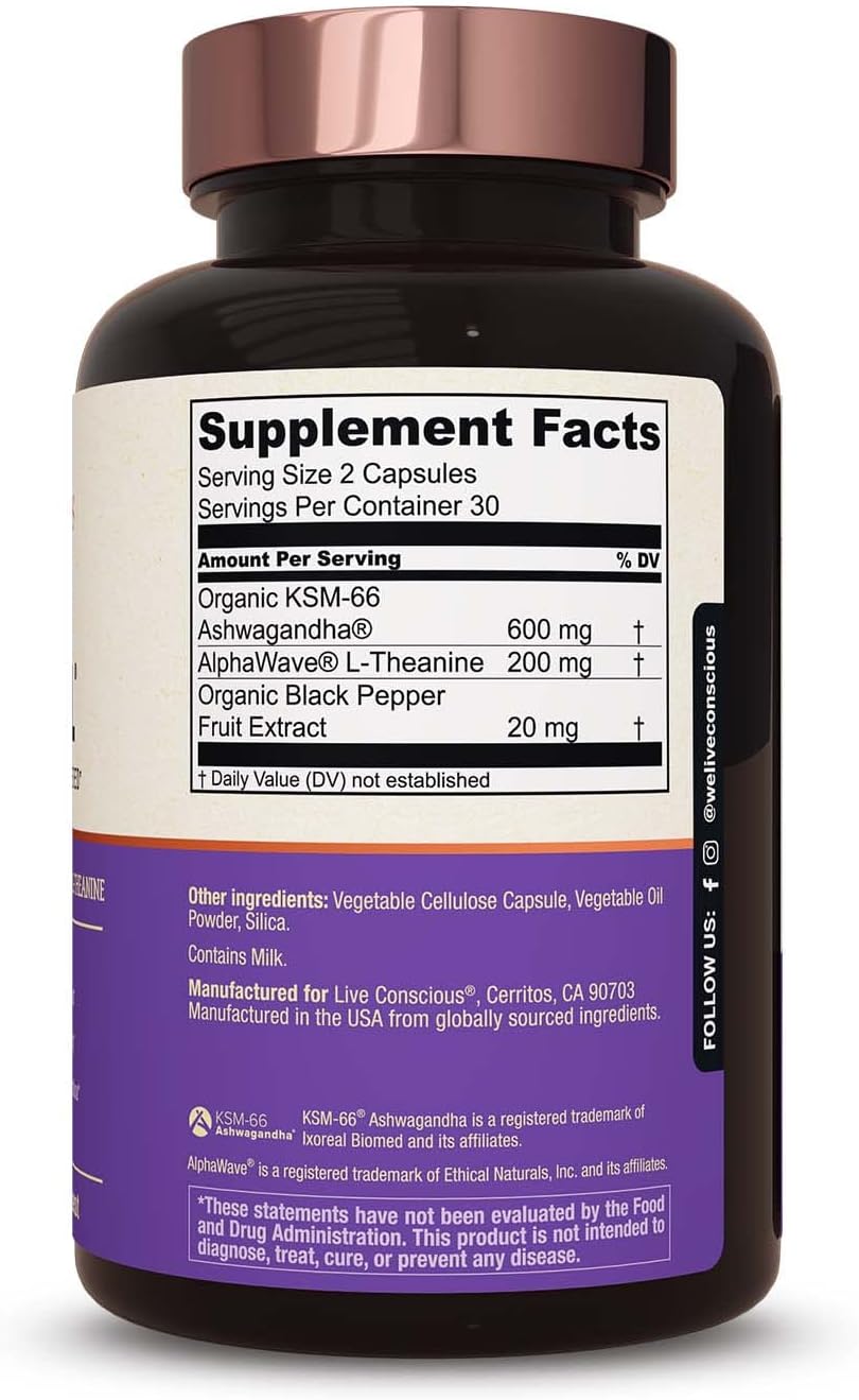 Suplemento KSM-66 Ashwagandha - Live Conscious, 60 cápsulas