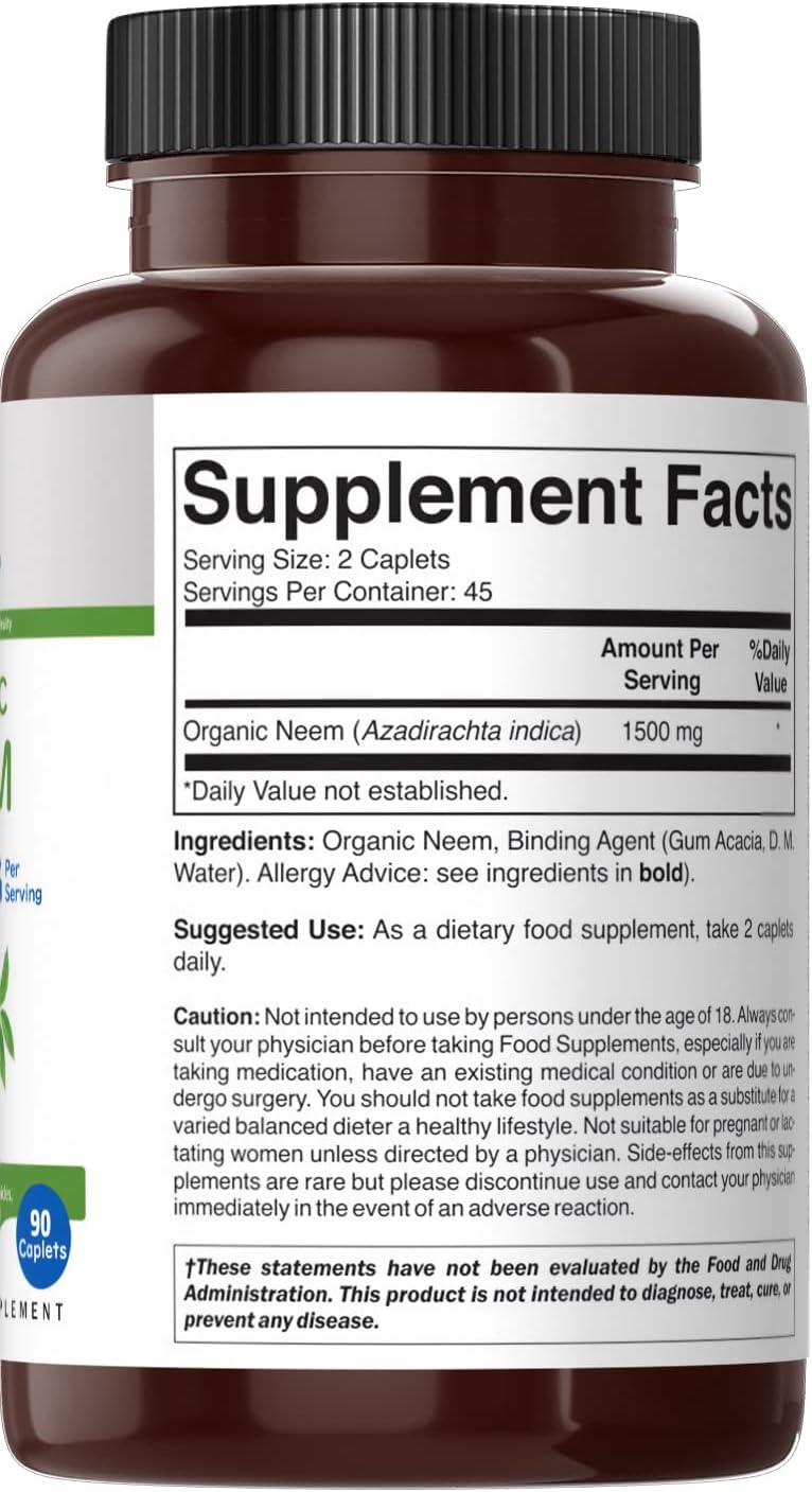 Suplemento Neem orgánico 1500 mg 45 porciones vegetariano