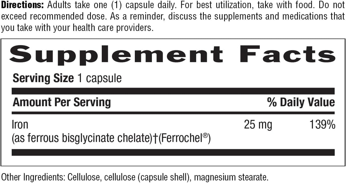 Suplemento de hierro fácil y vegano Country Life Ferrochel 25mg