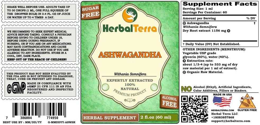 Glicerita de Ashwagandha Orgánica, Extracto Líquido 2 oz