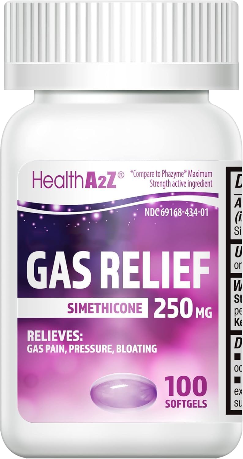 HealthA2Z® Gas Relief Simethicone 250mg | Alivio Rápido de Gases | 100 Cápsulas