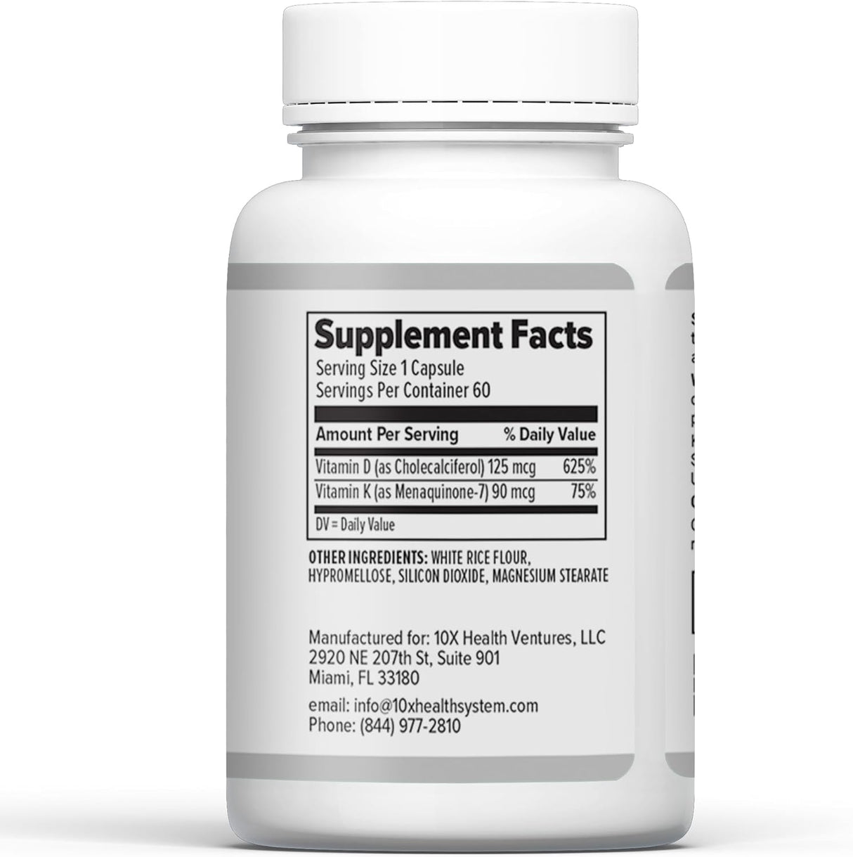 Suplemento D3 K2 10X Health - 125 mcg D3, 90 mcg K2 - 60 cápsulas