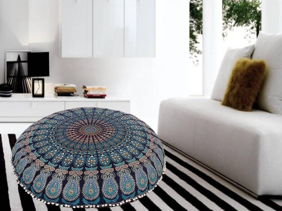 Funda bohemia para cojín, de 32 pulgadas, con diseño de mandala, para meditación, decorativa, otomana, grande, para exteriores, decoración del hogar, decoración de arte en el hogar, redonda, con pompones de algodón, cómoda