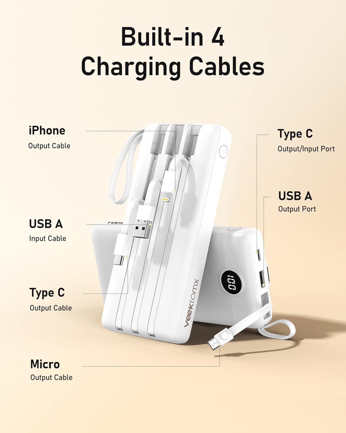 Cargador portátil con cables integradosde gran capacidad