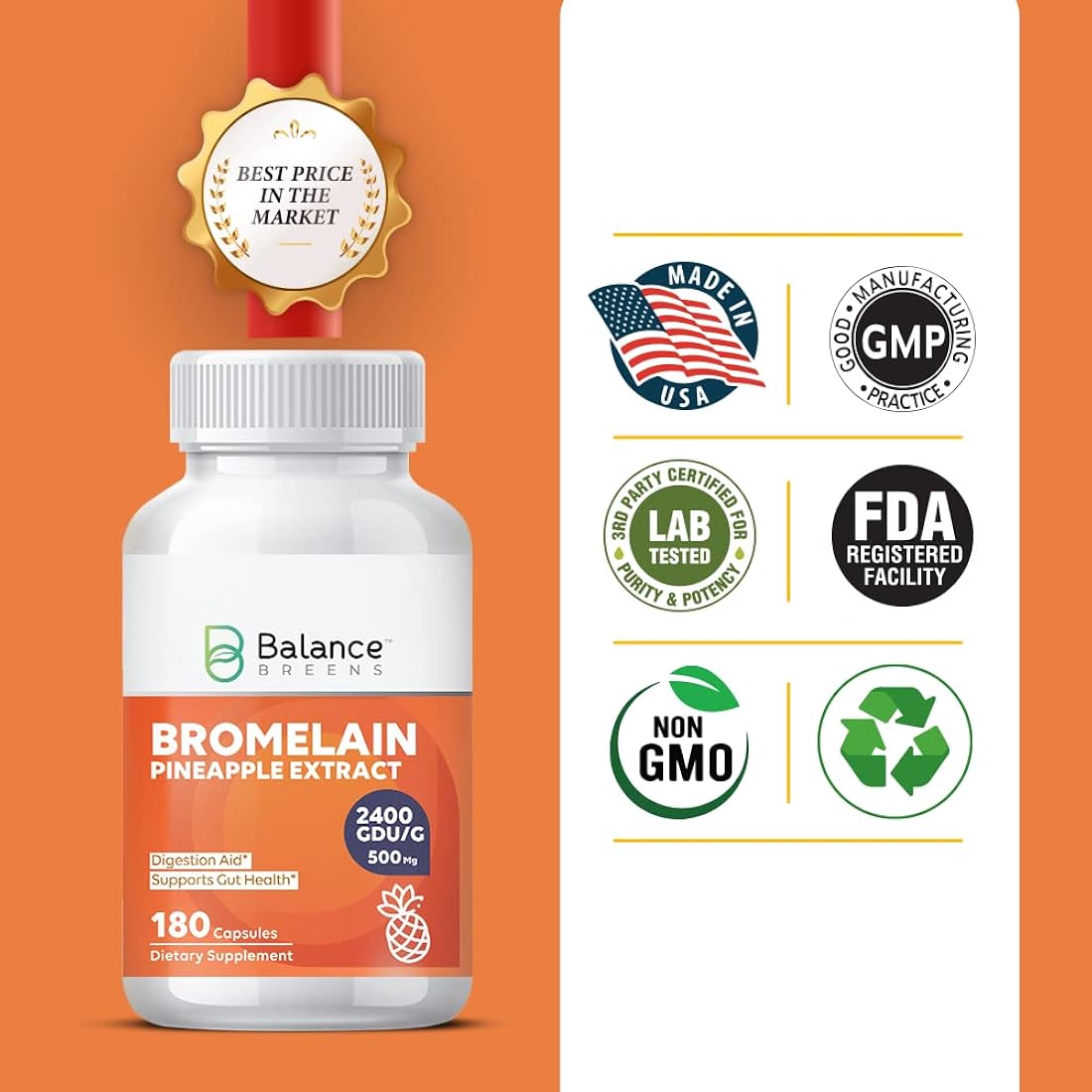 Suplemento de extracto de piña de bromelina 180 cápsulas