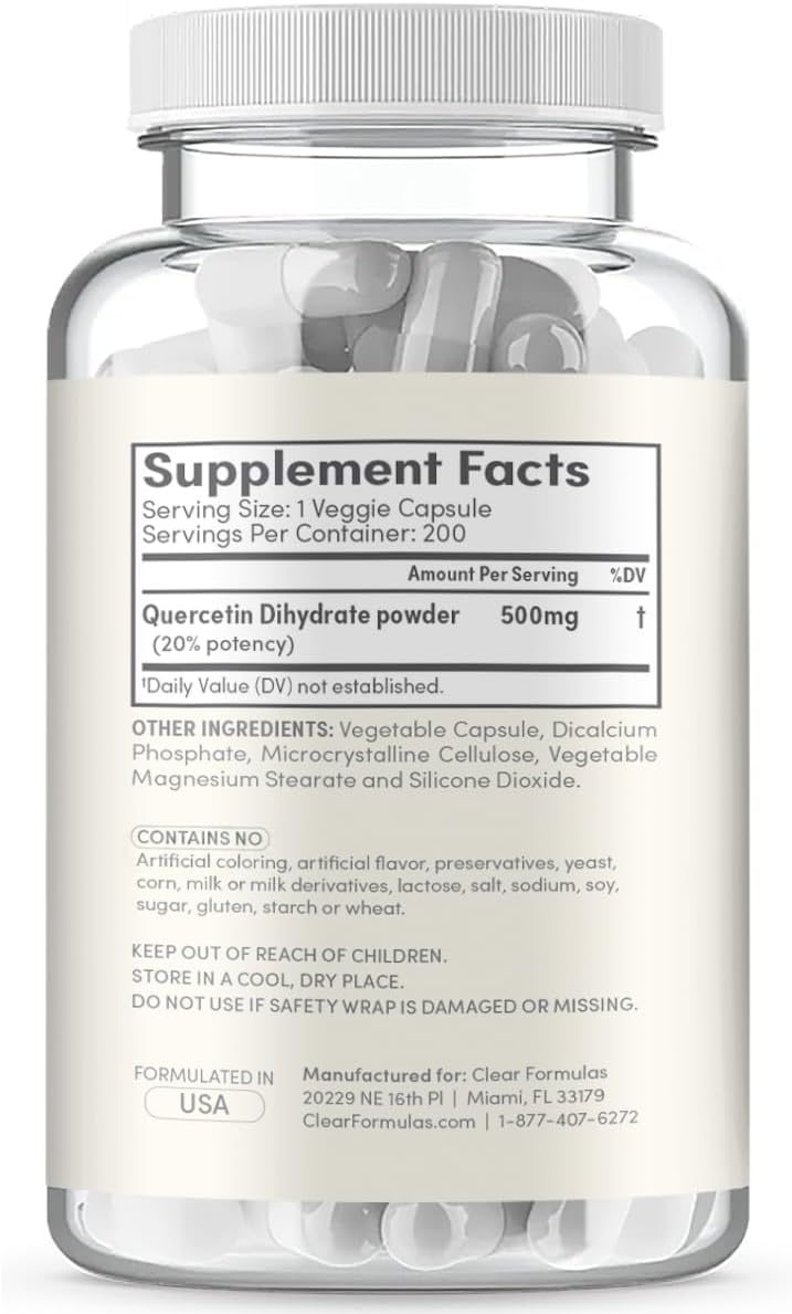 Suplemento de Quercetina Pura 500 mg, Dihidrato - 200 Cápsulas