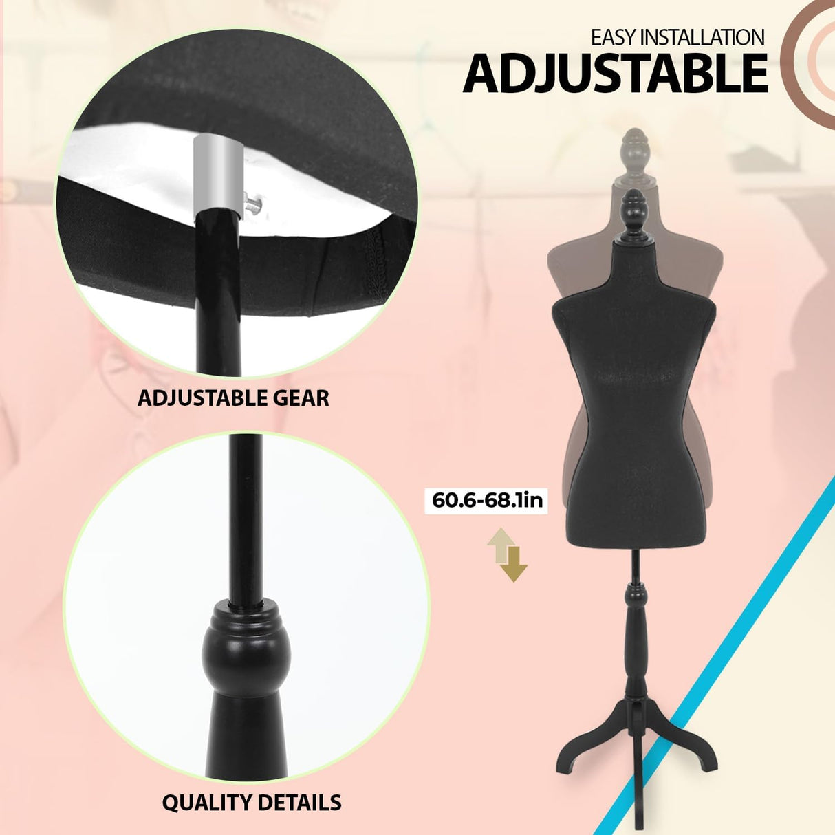 Maniquí Torso Femenino, Ajustable, Soporte Tripode, 59-67