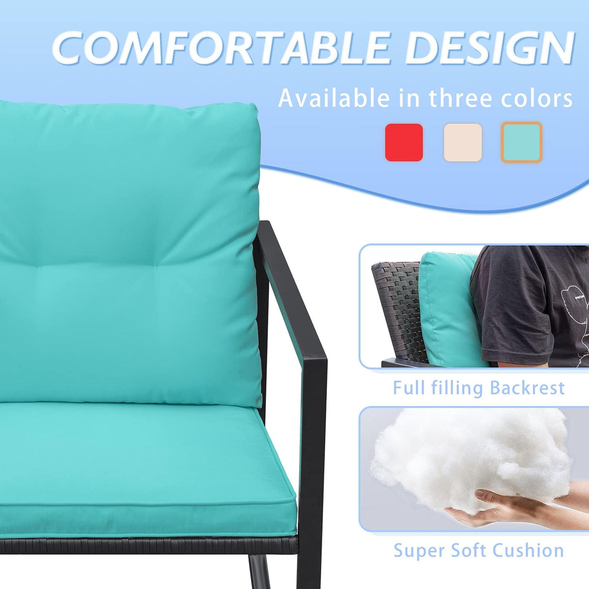 Greesum Juego de 3 piezas de mimbre mecedor, juegos de conversación de muebles de patio al aire libre con sillas de porche y mesa de café de cristal, azul