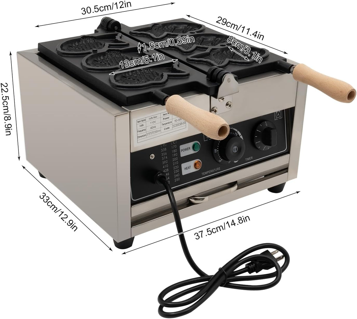Máquina de Waffles Taiyaki, 1500W, Acero Inoxidable, 110V