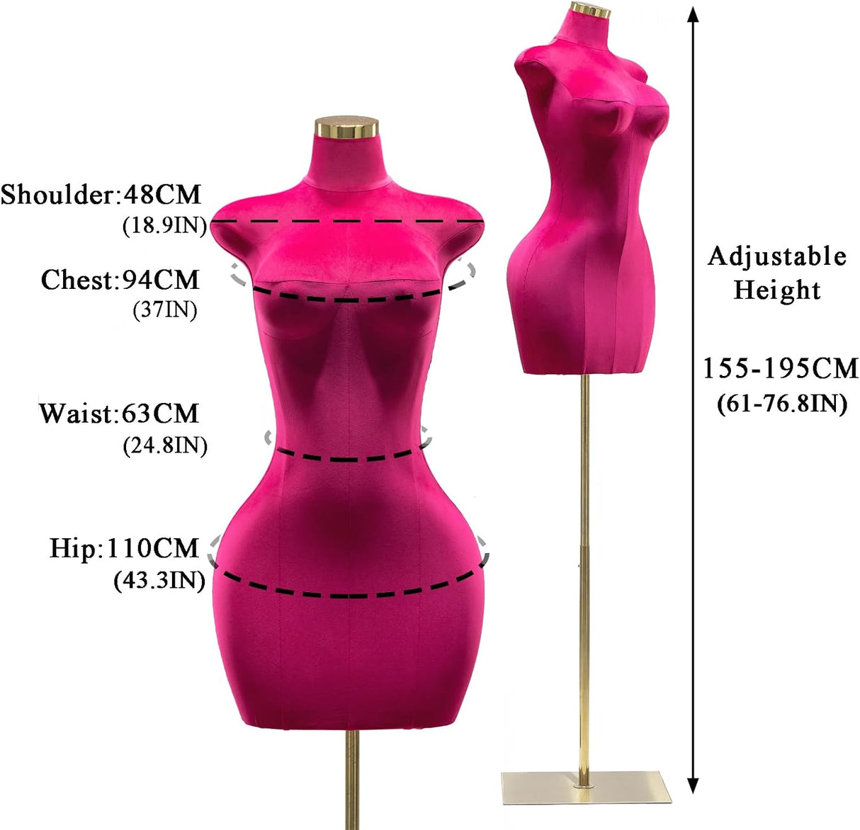 Maniquí Torso Femenino Plump, Ajustable 61-76.8in, Modelo 3/4