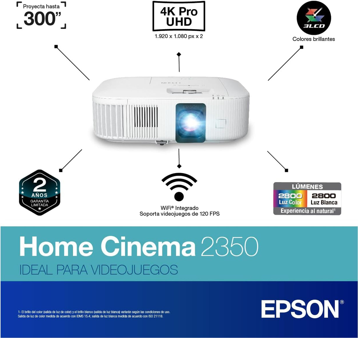 Proyector EPSON 4K PRO-UHD, 2800 Lúmenes, Modelo 2350
