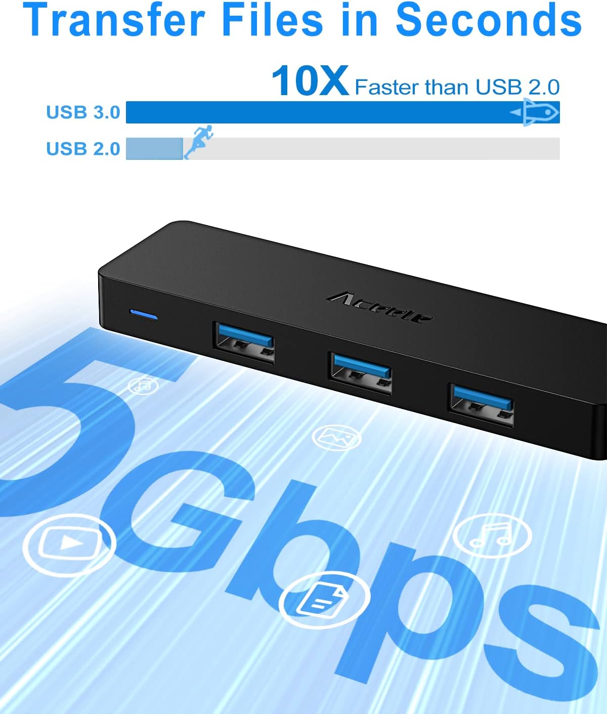 Divisor Hub USB 3.0 con cable de extensión y 4 pies de largo