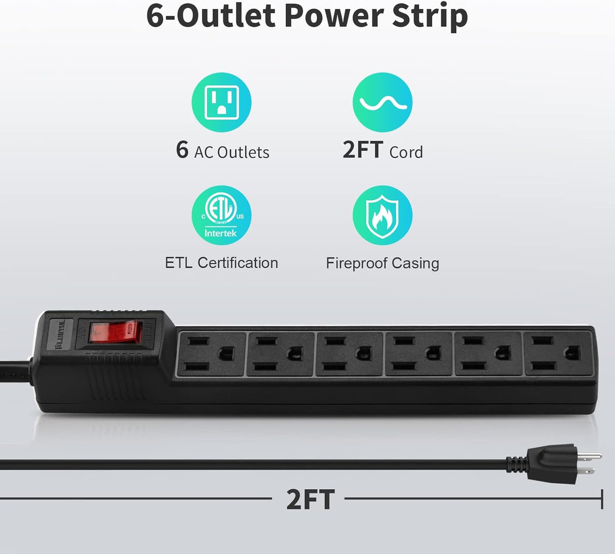 PLUGTUL Paquete de 2 protectores de sobretensiones con 6 tomas de corriente y cable de extensión de 2 pies, 1875 W/15 A, 90 julios, protección contra sobrecargas y sobretensiones, soporte de pared