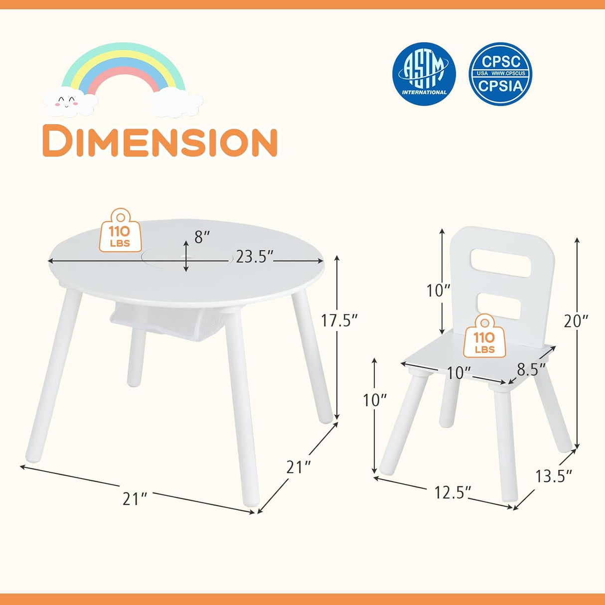 Juego de mesa y silla para niños de madera blanca
