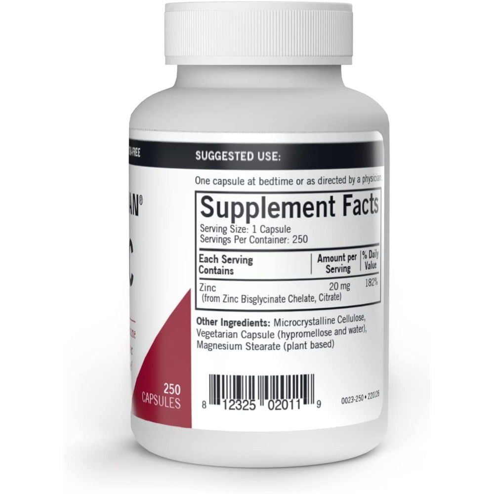 Suplemento Zinc 20 mg 250 cáp Alta absorción Hipoalergénico