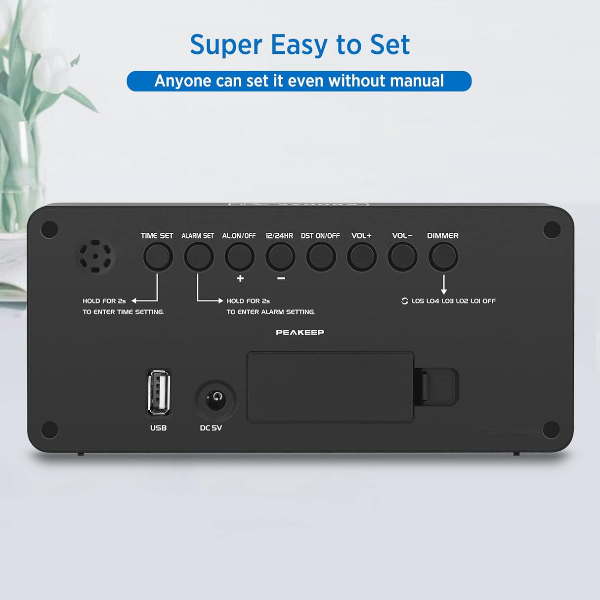 Reloj Digital con Alarma, Números Grandes, Puerto USB, Modelo Peakeep