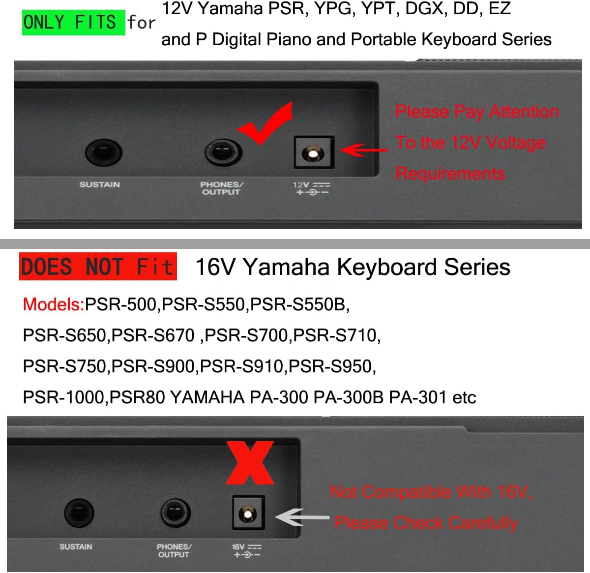Adaptador 12V Yamaha para teclados PSR, YPG, YPT, DGX, EZ