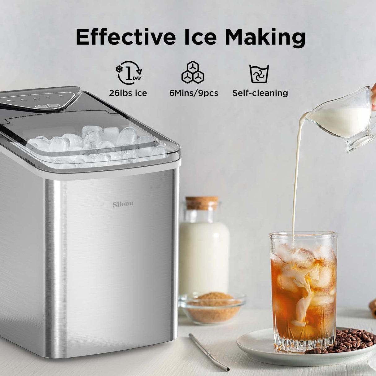 Máquina de Hielo Silonn, 9 Cubos en 6 Min, Autolimpiante