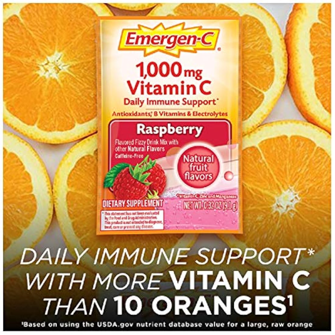 Emergen-C 1000 mg de vitamina C en polvo, con antioxidantes, vitaminas B y electrolitos, suplementos de vitamina C para apoyo inmune, mezcla de bebida libre de cafeína, sabor a frambuesa – Suministro de 60 unidades/2 meses