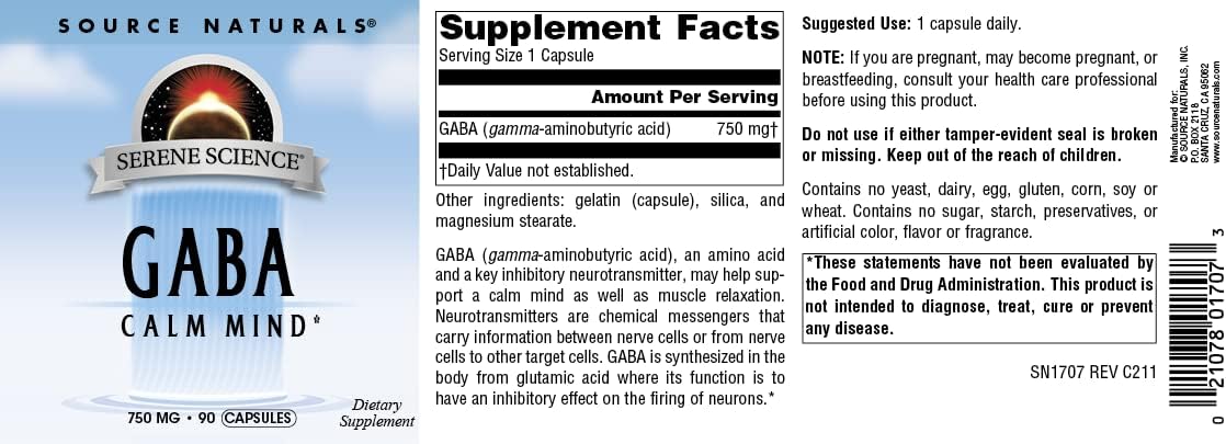 Suplemento Source Naturals Serene Science GABA 750 mg 90 Cáp