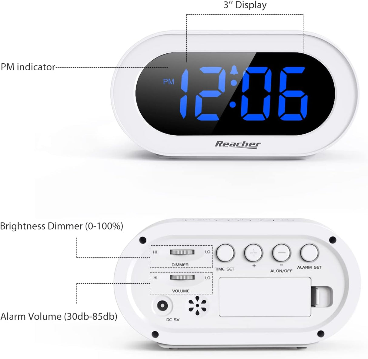Reloj despertador digital LED compacto con snooze y regulador