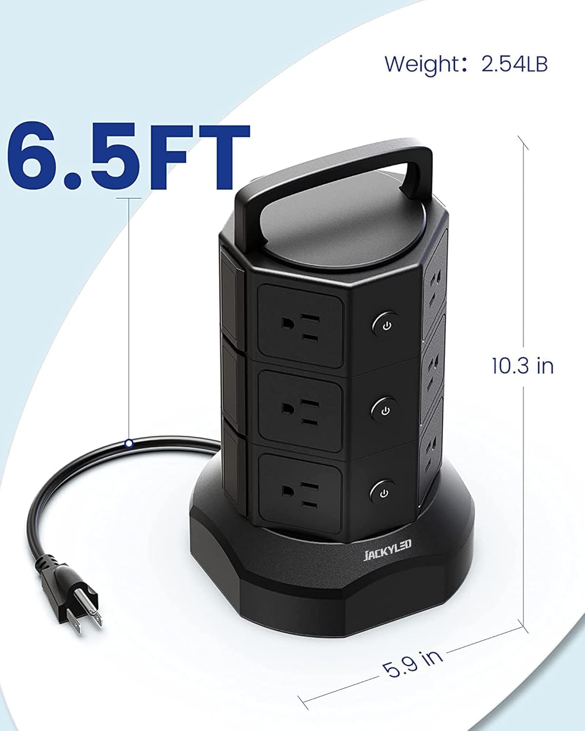 JACKYLED - Regleta de alimentación con protección contra sobretensiones, torre eléctrica de sobretensiones de 1625 W, 13 A, 12 tomas, 6 puertos USB, estación de carga con cable de extensión resistente
