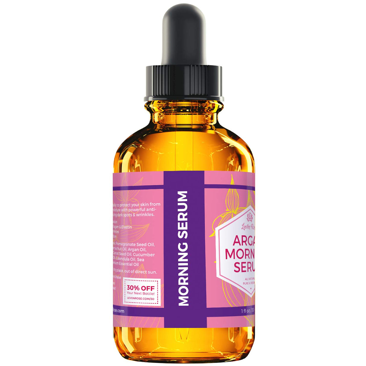 Leven Rose Suero de Argán para la mañana, 100% puro, orgánico, natural, ilumina la tez, estimula el colágeno y la elastina natural, reduce las líneas de expresión y arrugas, 1 oz