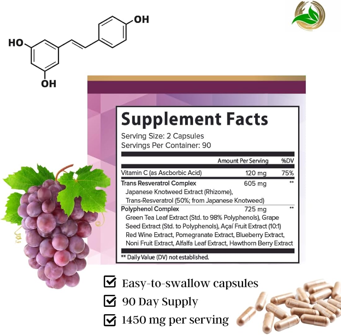 Suplemento Resveratrol 1450 mg salud cardíaca con té verde