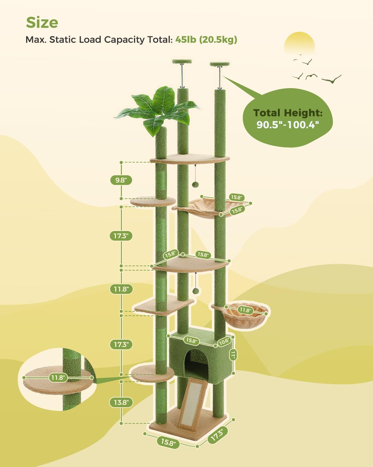 Árbol para gatos PEQULTI, ajustable 90.5''-100.4'', con hamaca