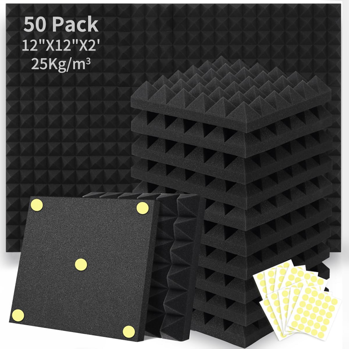 Paneles Acústicos 50 Pzs, Espuma Aislante 2x12x12, 300 Adhesivos