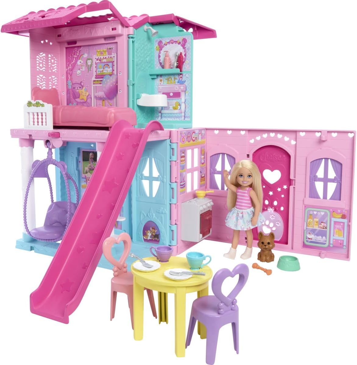 Casa de Muñecas Barbie Chelsea con 15+ accesorios, 5 áreas y tobogán