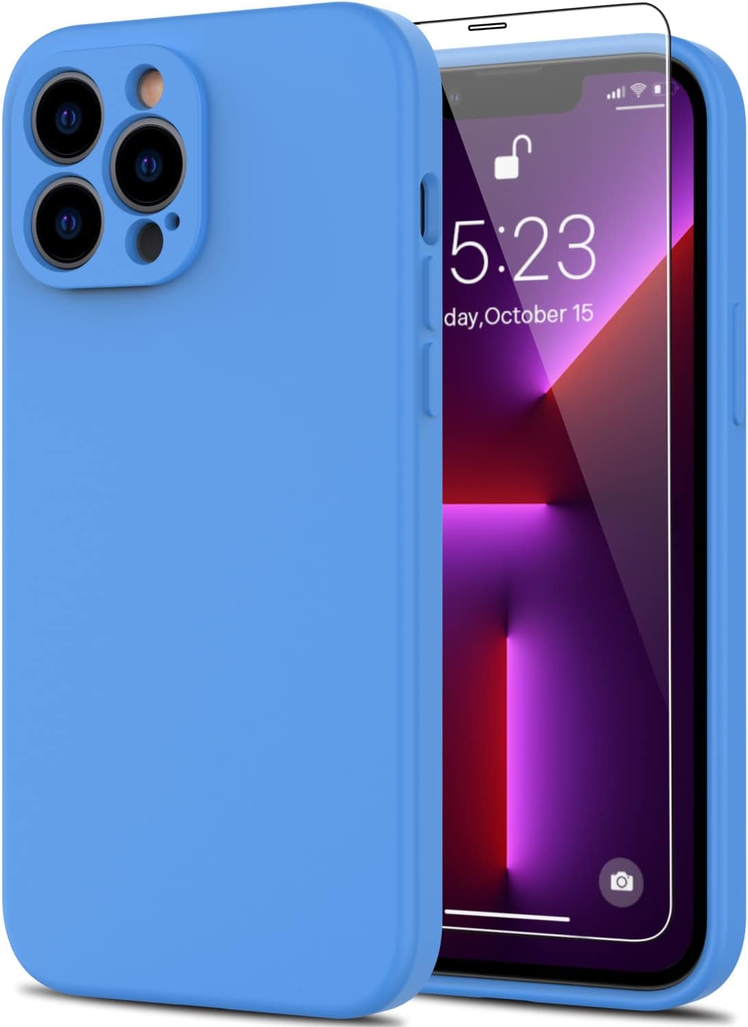 DEENAKIN Funda para iPhone 13 Pro Max con protector de pantalla, cubierta de goma de gel de silicona líquida suave y duradera para iPhone 13 Pro Max de 6.7 pulgadas, color azul cielo
