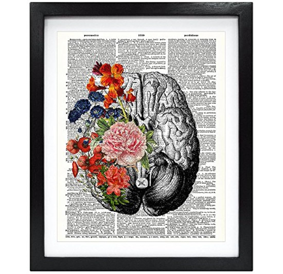 Lámina de cerebro humano sin marco con flores,diseño vintage