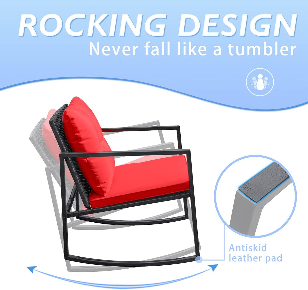 Greesum Juego de 3 piezas de mimbre mecedor, juegos de conversación de muebles de patio al aire libre con sillas de porche y mesa de café de cristal, color rojo