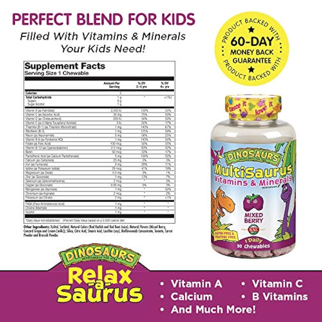 Vitaminas y minerales KAL para niños multisaurus | Sabor a bayas mixtas | Multivitamina para niños una vez al día | 90 masticables