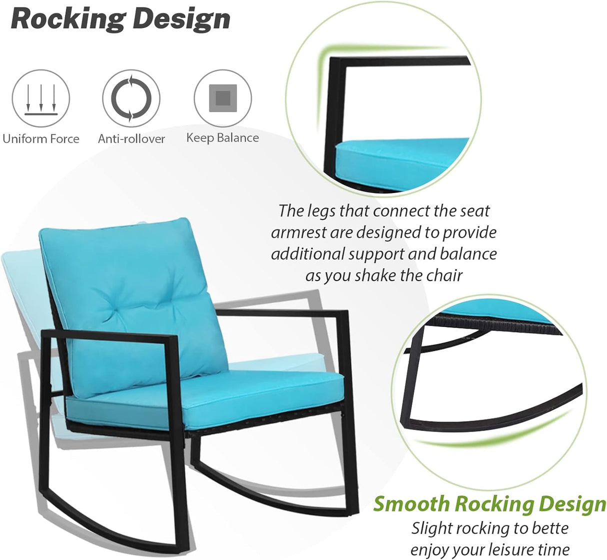 SUNCROWN Juego de 3 piezas de bistró mecedora para exteriores, muebles de mimbre negro, sillas de porche, juegos de conversación con mesa de café de cristal, azul claro