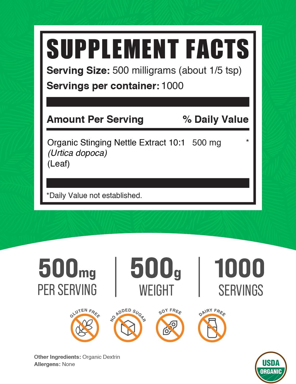 Extracto Orgánico de Ortiga - BulkSupplements, 500mg, 500g