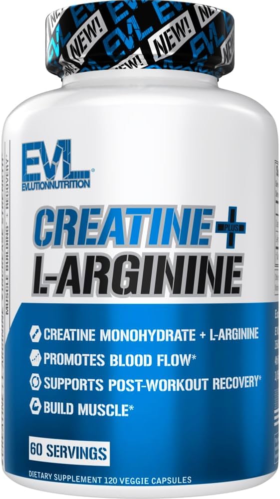 Evlution Nutrition Creatina + L-Arginina, Apoyo Muscular, 60Caps