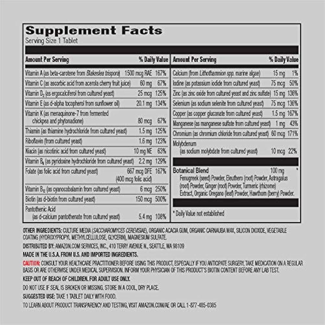 Multivitaminas Men's One Daily, 62% comida integral cultivada, veganas, 65 tabletas, de Amazon Elements