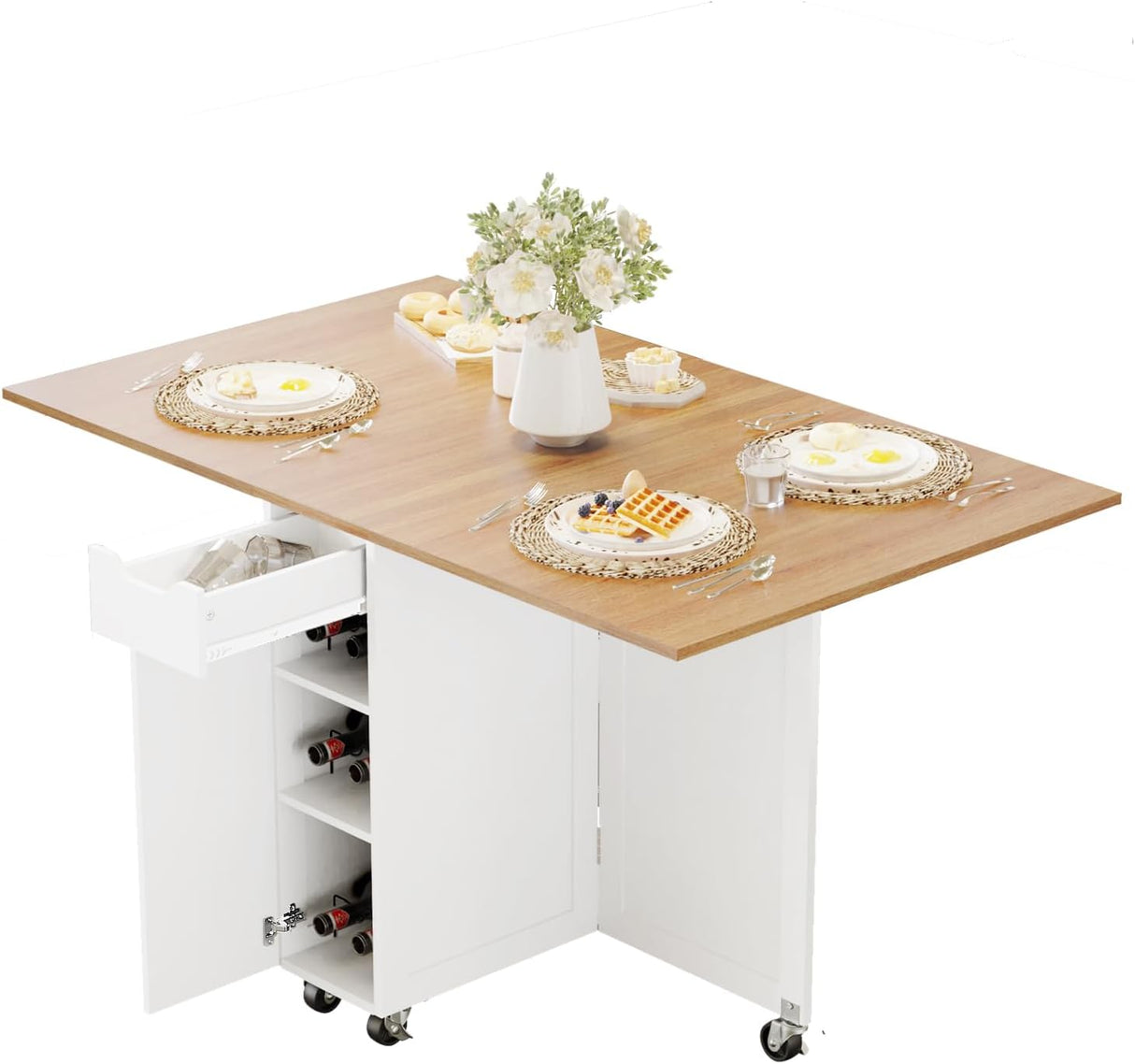 Mesa de Comedor Plegable, con Cajón y Ruedas, Modelo 2023