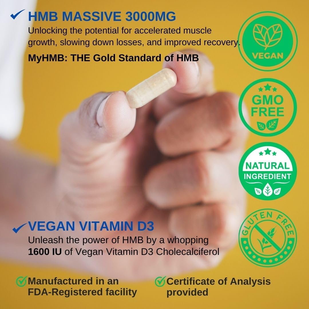 Suplemento HMB 3000mg y Vitamina D3 - 120 Cápsulas USA