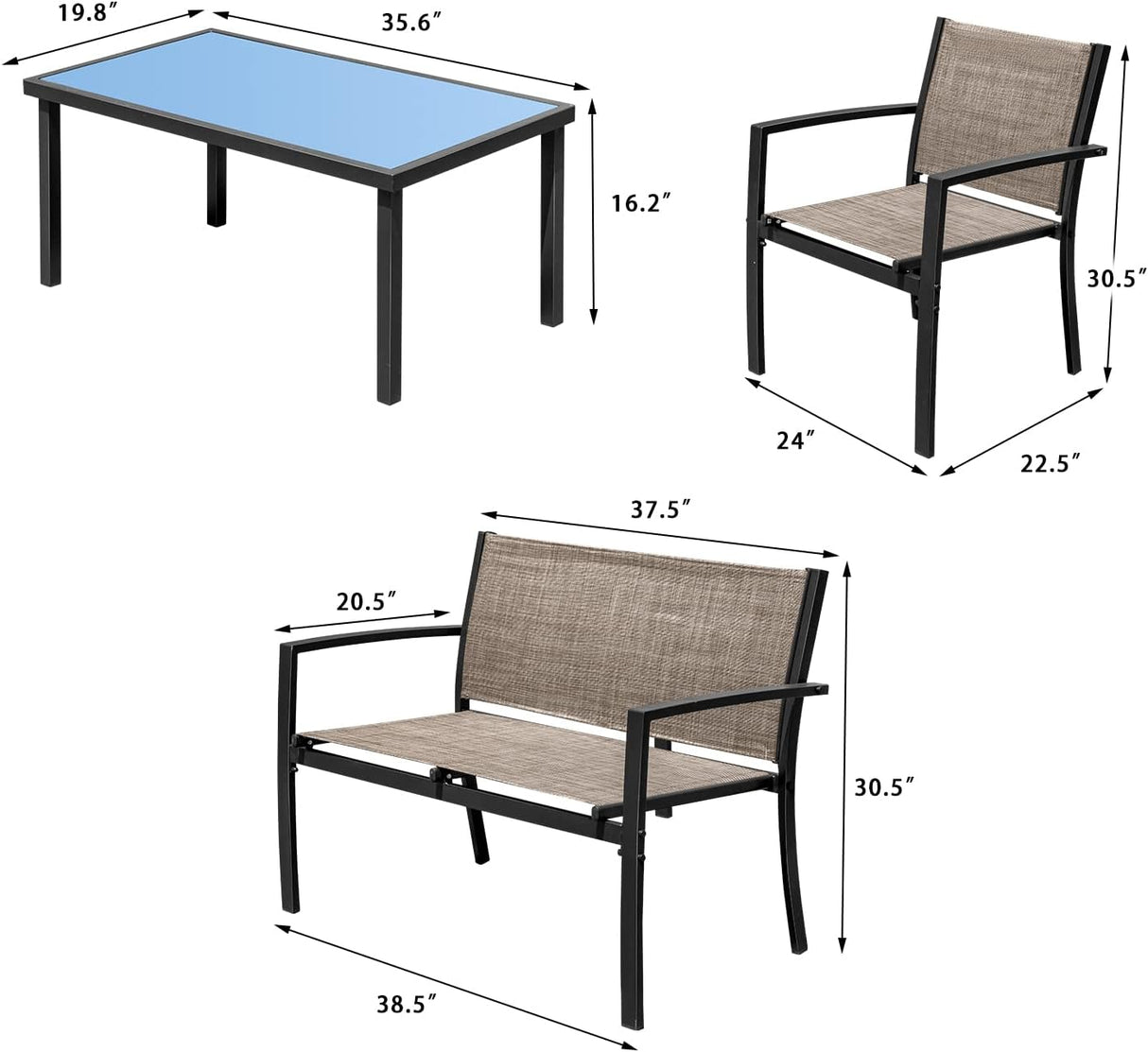Devoko - Juego de 4 piezas de muebles de patio al aire libre para jardín, sillas y mesa de café de cristal para patio o terraza, Marrón