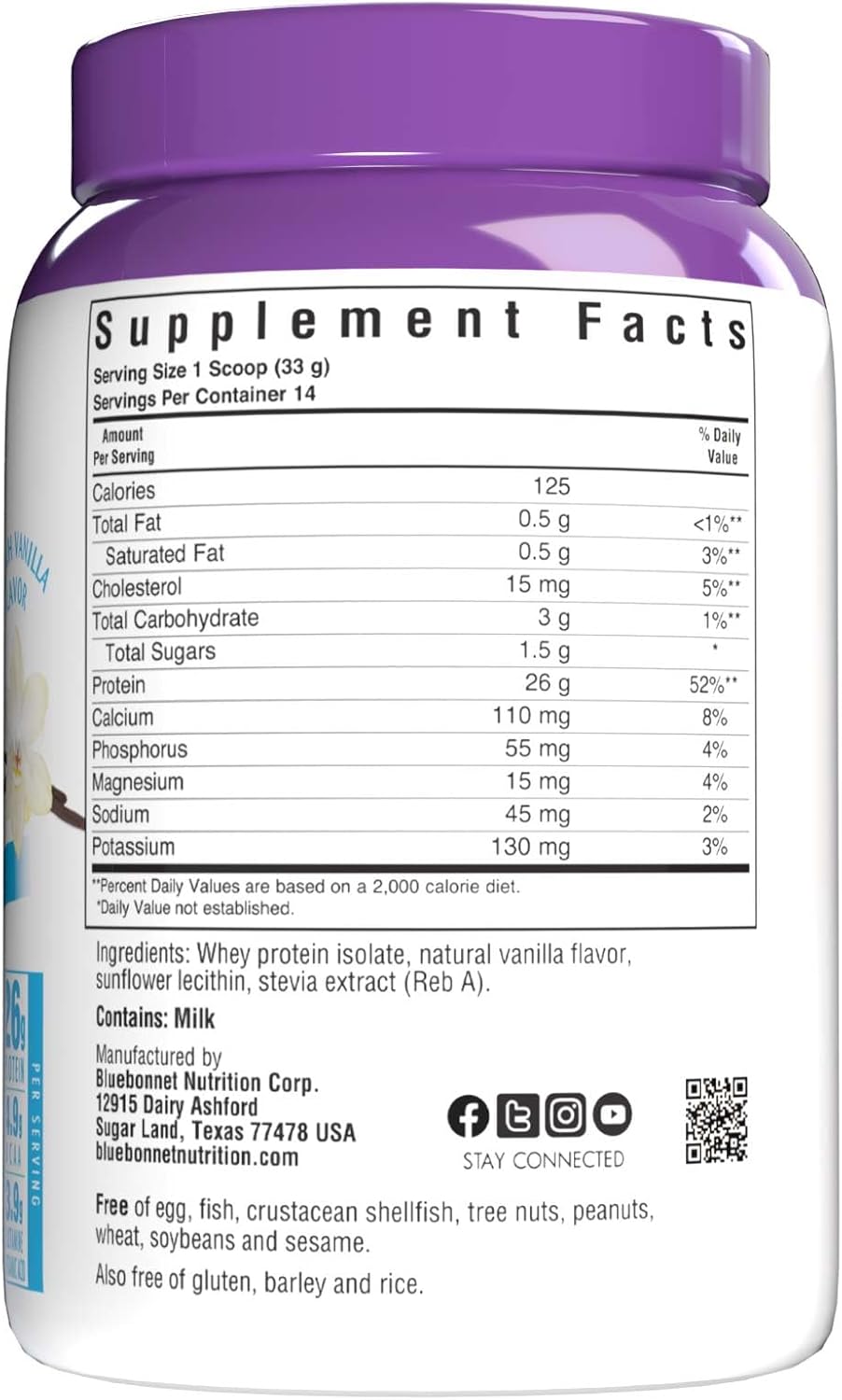 Proteína de suero de leche aislada Bluebonnet, 26 g, 14 raciones