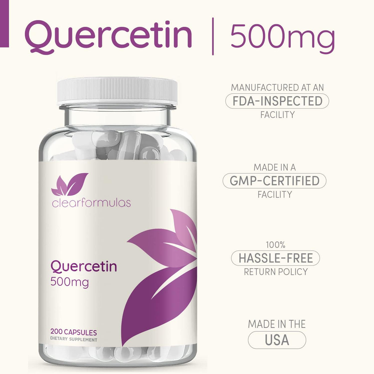 Suplemento de Quercetina Pura 500 mg, Dihidrato - 200 Cápsulas
