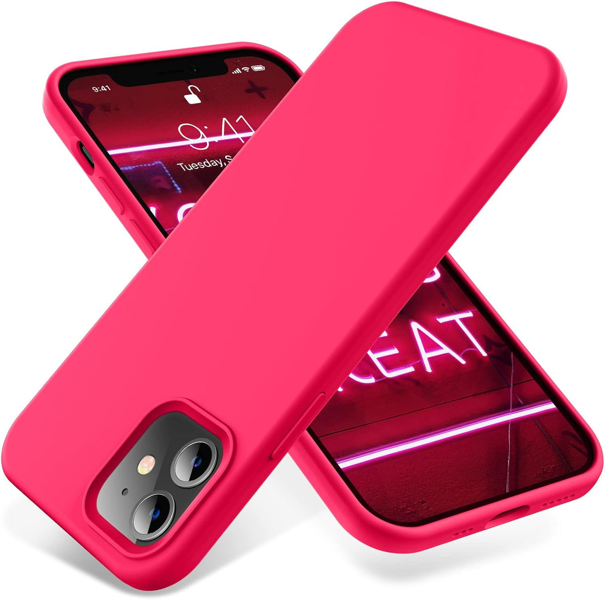 OTOFLY Funda de silicona suave diseñada para iPhone 12/12 Pro, protección contra caídas de grado militar, forro de microfibra antiarañazos, funda protectora a prueba de golpes, funda delgada de 6.1 pulgadas, rosa neón